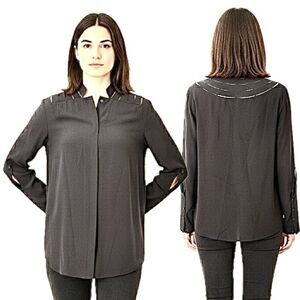 Akris Punto Black 100% Silk Blouse Laser-Cut Lattice Detail Roll-Tab Sleeves 8